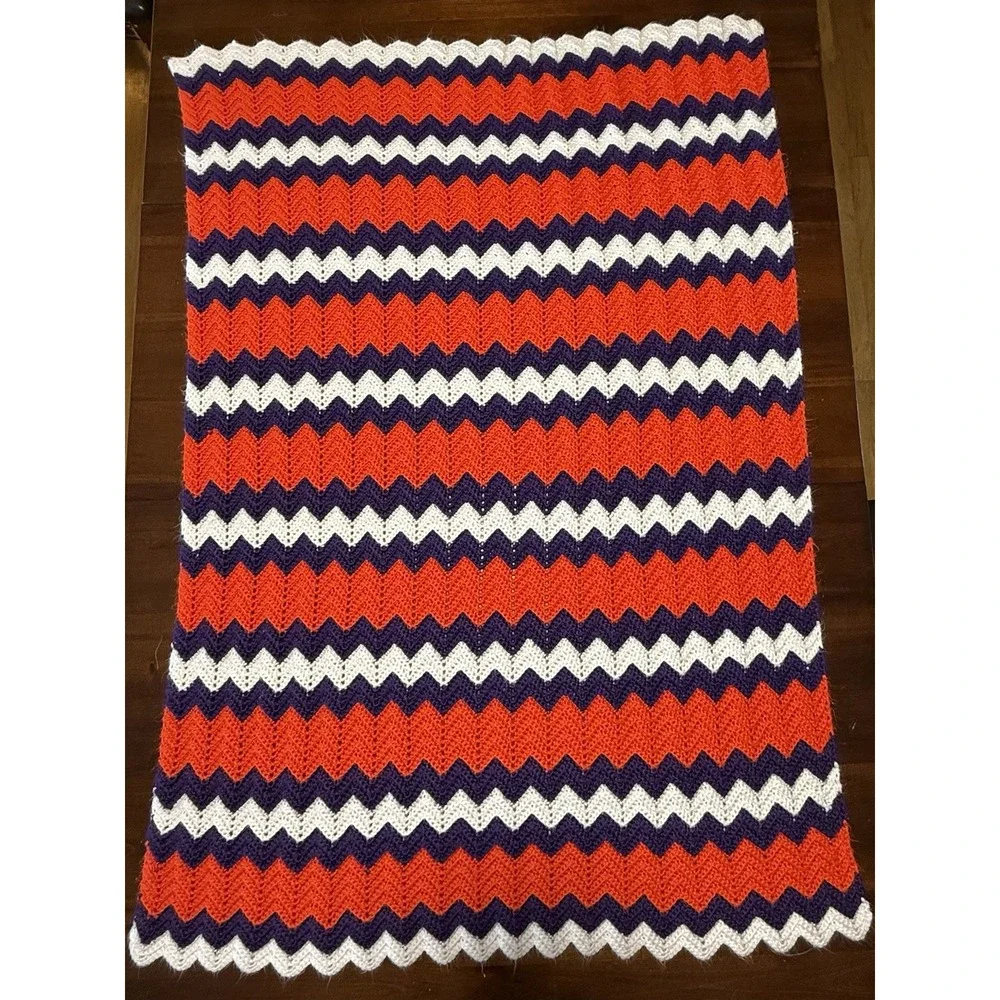 Handmade Crochet Throw Blanket 36.5x53 Orange Purple White Chevron Clemson Color